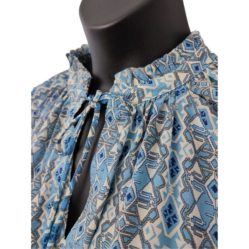 Elan Cera Peasant Tie - Neck Blouse Top Blue Aztec Print - Picture 4 of 6